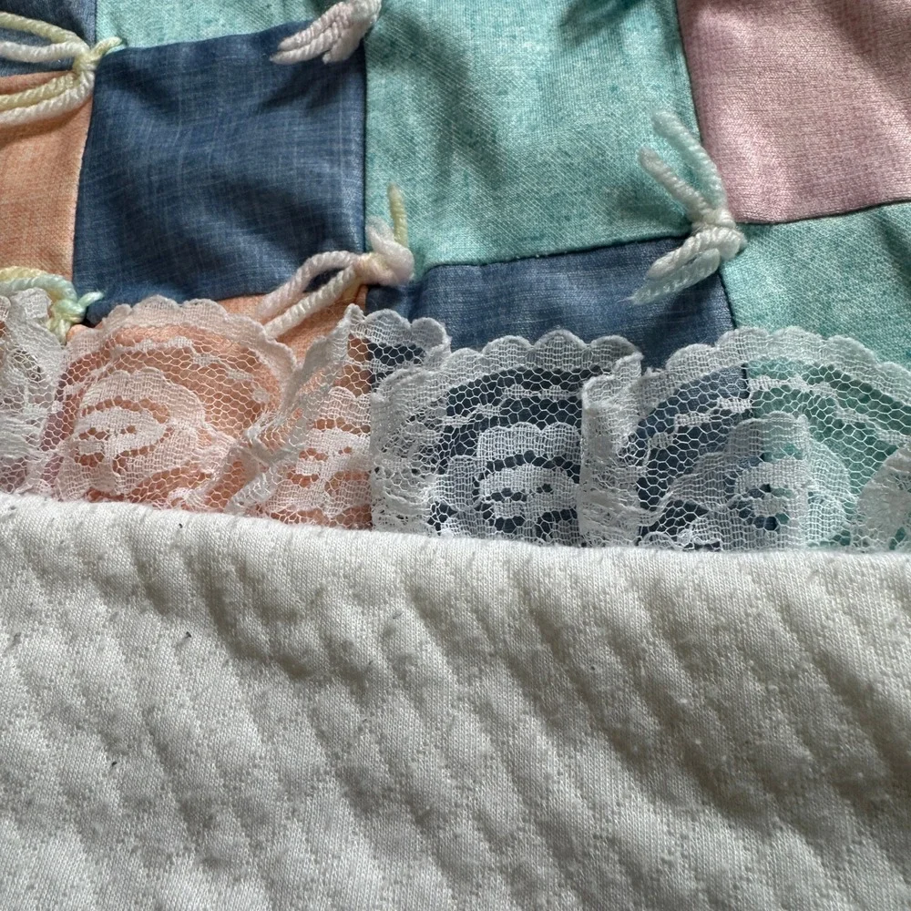 Handmade Pastel Patchwork Baby Quilt Lace Trim Yarn Ties Vintage Style Blanket